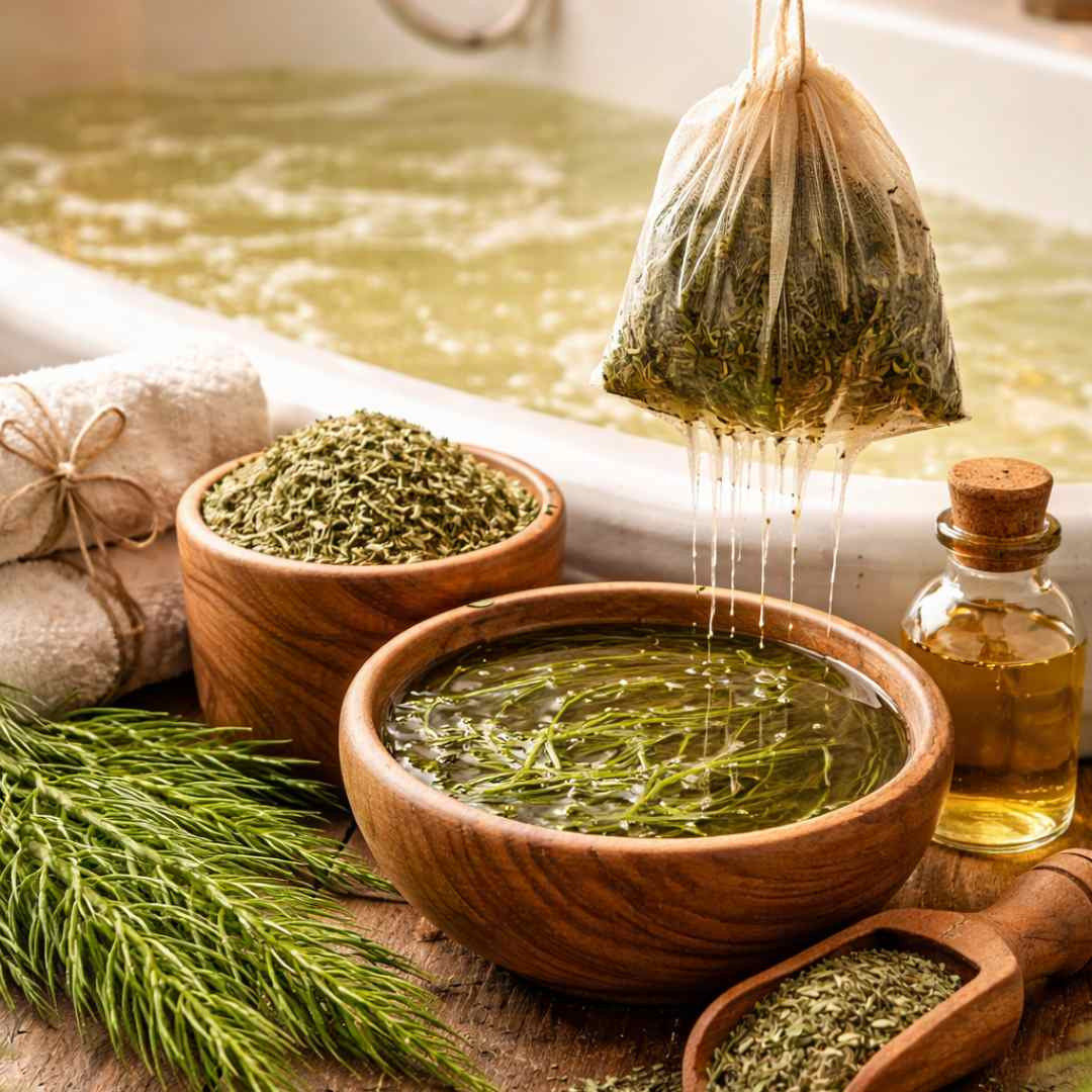 Zeliščna kopel z njivsko preslico v kadi, ob lesenih posodah s posušenimi zelišči in brisačah, pripravljena za sprostitev in krepitev vezivnega tkiva.